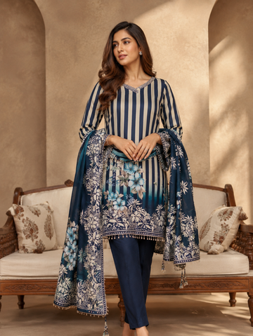 Midnight Bloom Navy Blue Printed Suit Set with Dupatta