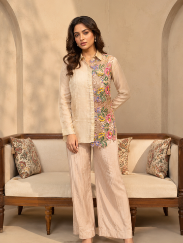 Meher Beige Floral Embroidered Co-Ord Set (2-Piece Set)