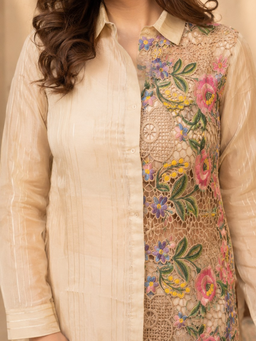 Meher Beige Floral Embroidered Co-Ord Set (2-Piece Set)
