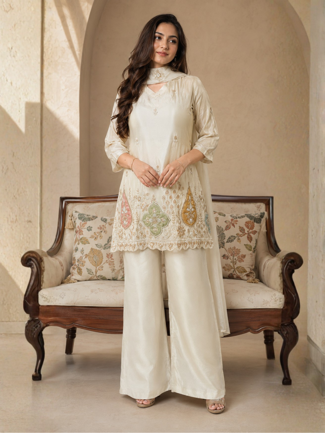 Noor-E-Ivory Embroidered Suit Set with Dupatta (3-Piece Set)