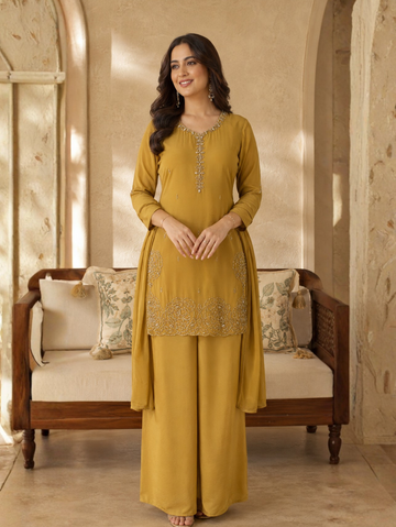 Mustard Gold Embellished Suit Set with Dupatta (3-Piece Set)