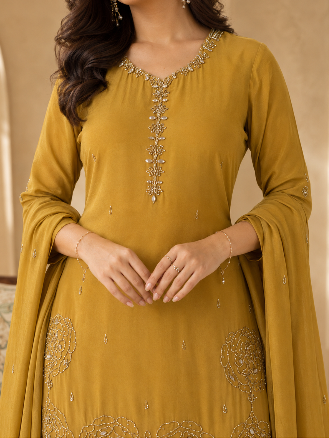 Mustard Gold Embellished Suit Set with Dupatta (3-Piece Set)