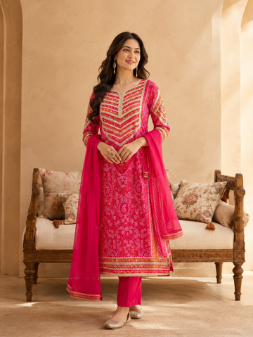 Rani Pink Embroidered Suit Set with Chiffon Dupatta (3-Piece Set)