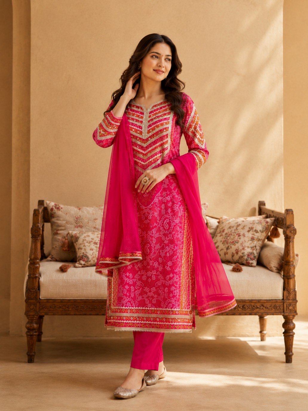 Rani Pink Embroidered Suit Set with Chiffon Dupatta (3-Piece Set)