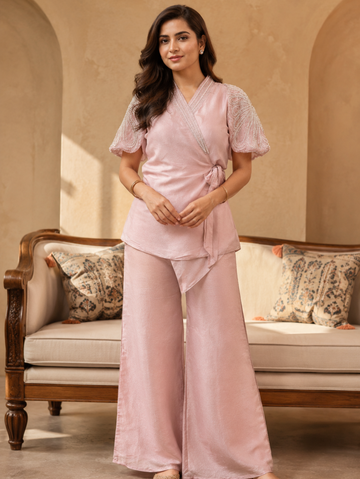 Blush Pink Wrap Co-Ord Set with Embellished Sleeves (2-Piece Set)