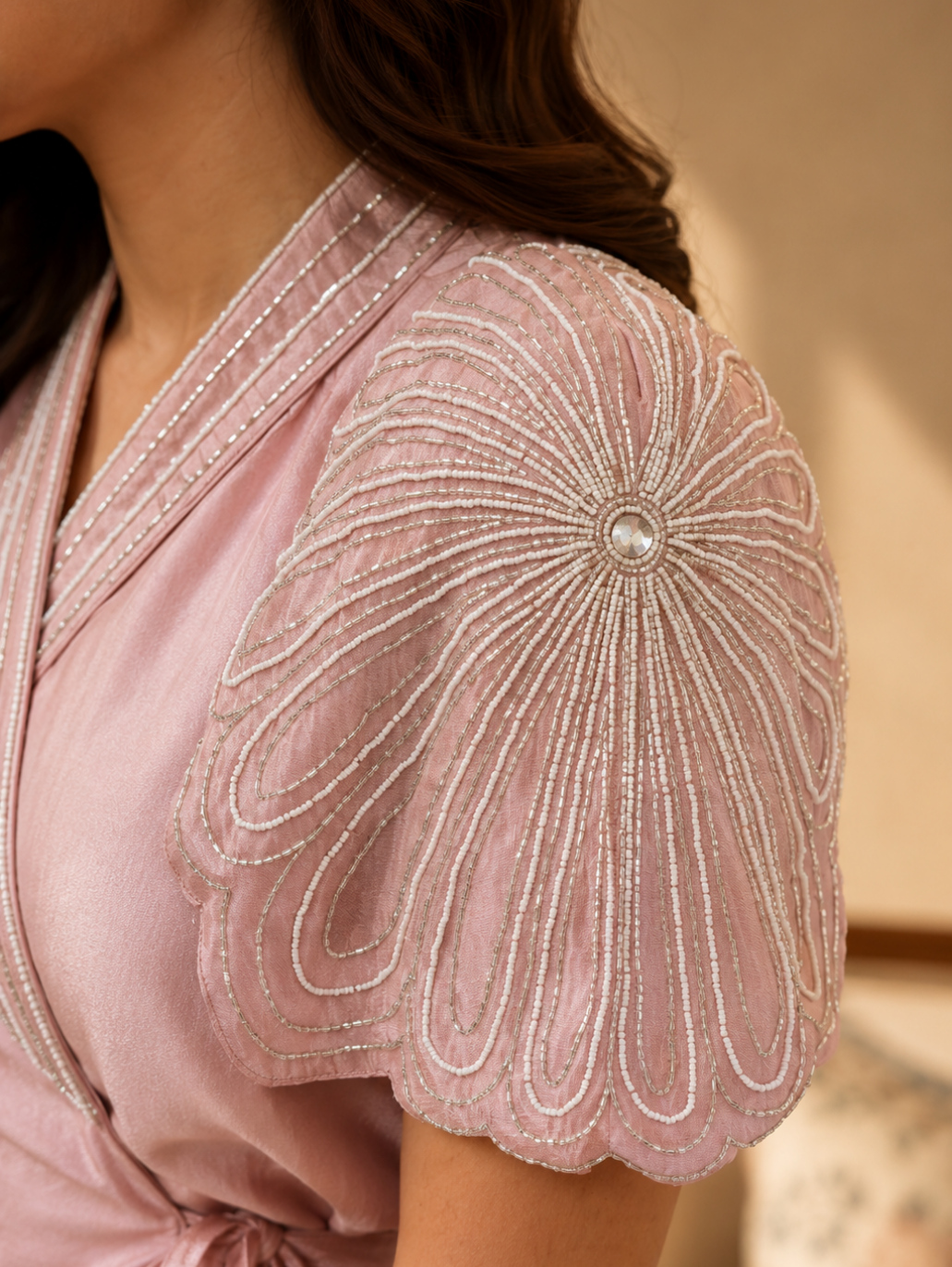Blush Pink Wrap Co-Ord Set with Embellished Sleeves (2-Piece Set)