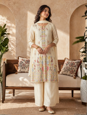 Ivory Pastel Embroidered Kurta Set with Dupatta (3-Piece Set)