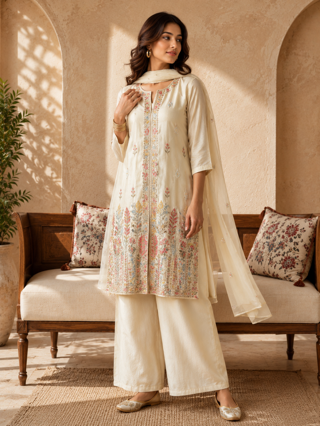 Ivory Pastel Embroidered Kurta Set with Dupatta (3-Piece Set)