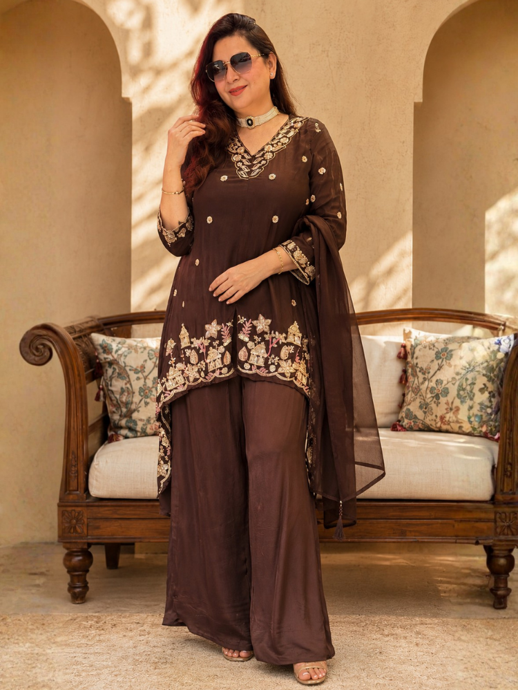 Mocha Embroidered Suit Set with Dupatta (3-Piece Set)