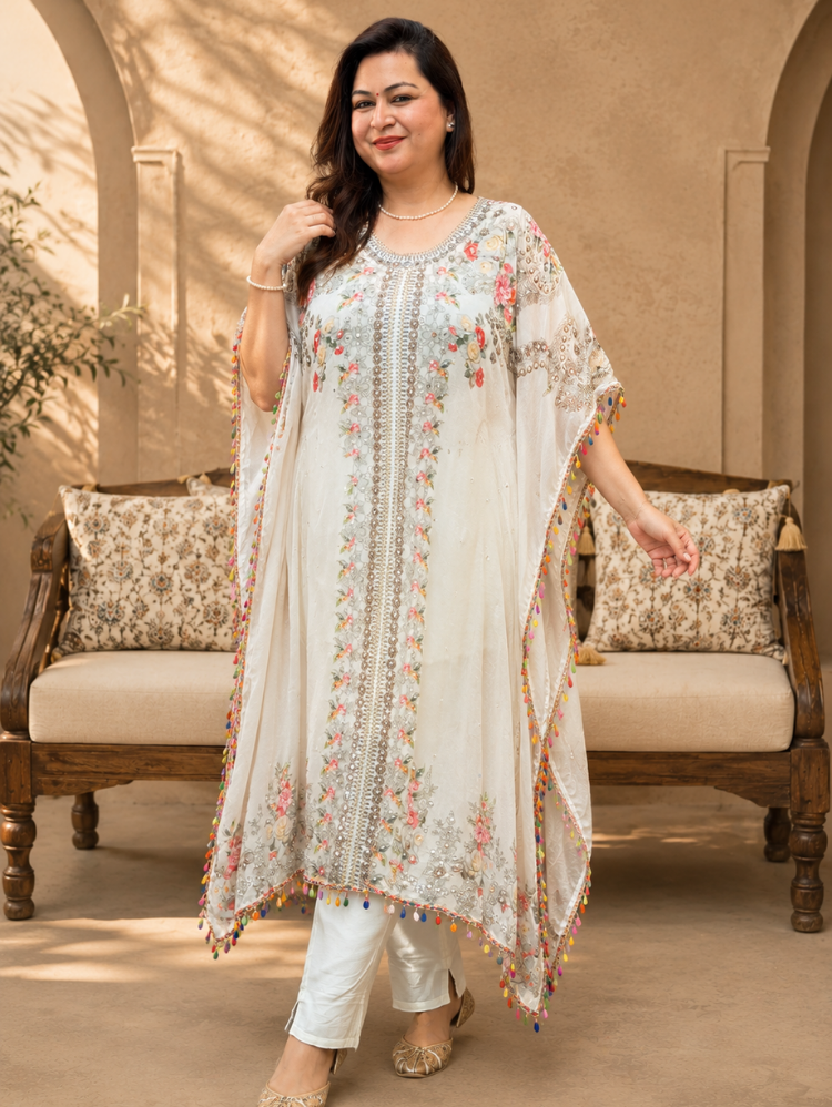 Gulbahar Ivory Embellished Kaftan Set (2-Piece Set)