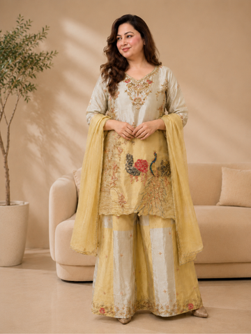 Sona Chandi Fabric Peacock Embroidered Kurta Set with Palazzo & Dupatta | Festive Ethnic Wear for Women