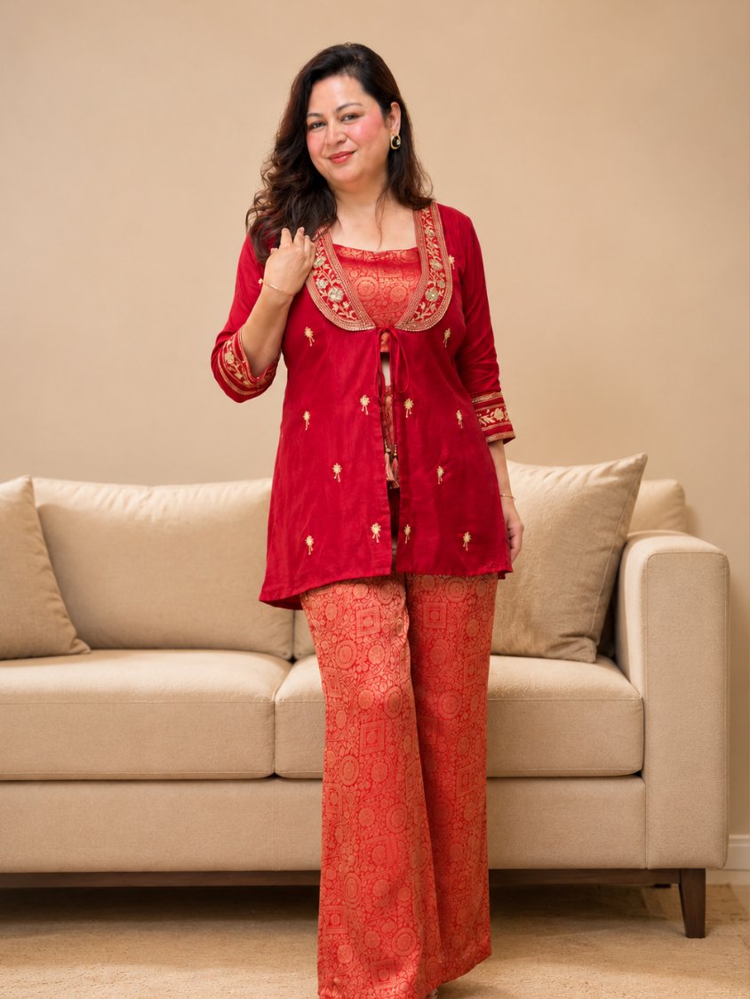 Green Silk Top with Banarasi Brocade Palazzo Co-ord Set