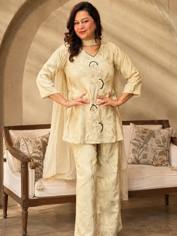 Cream Jacquard Embroidered Kurta Set with Dupatta | Premium Ethnic Wear