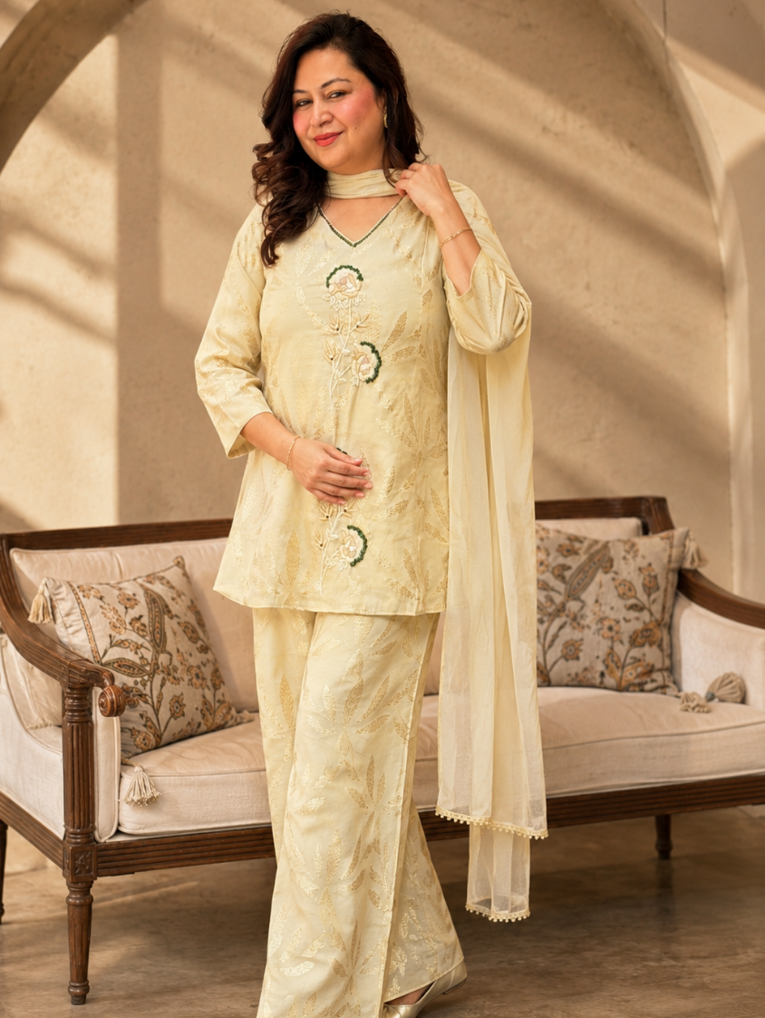 Cream Jacquard Embroidered Kurta Set with Dupatta | Premium Ethnic Wear