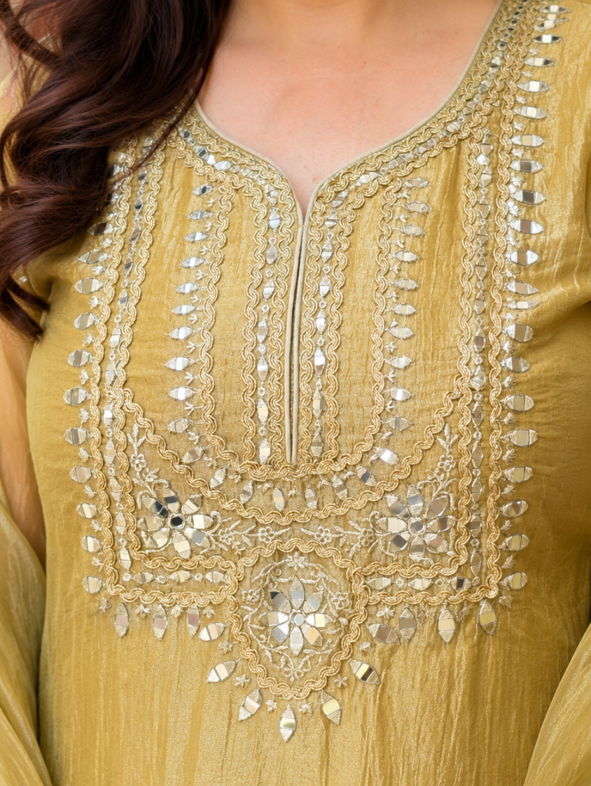 Gold Salsa Fabric Embroidered Kurta Set with Dupatta | Festive Ethnic Wear