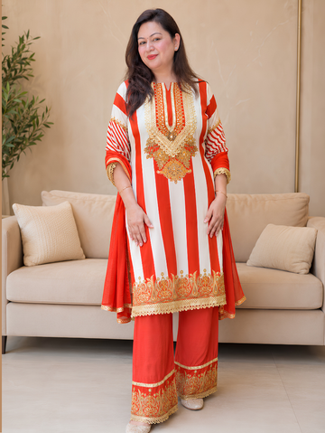 Zareen Vermilion Embroidered Suit Set with Palazzo (2-Piece Set)