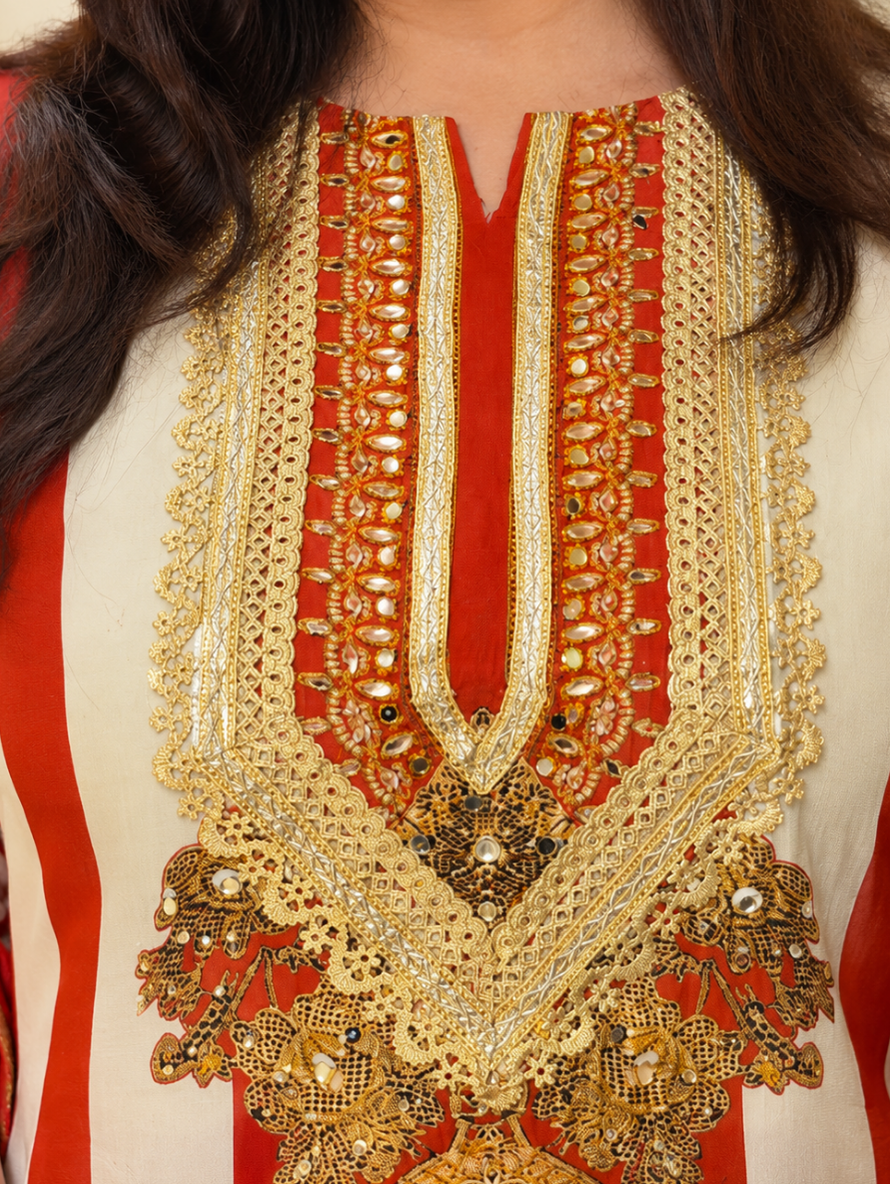 Zareen Vermilion Embroidered Suit Set with Palazzo (2-Piece Set)