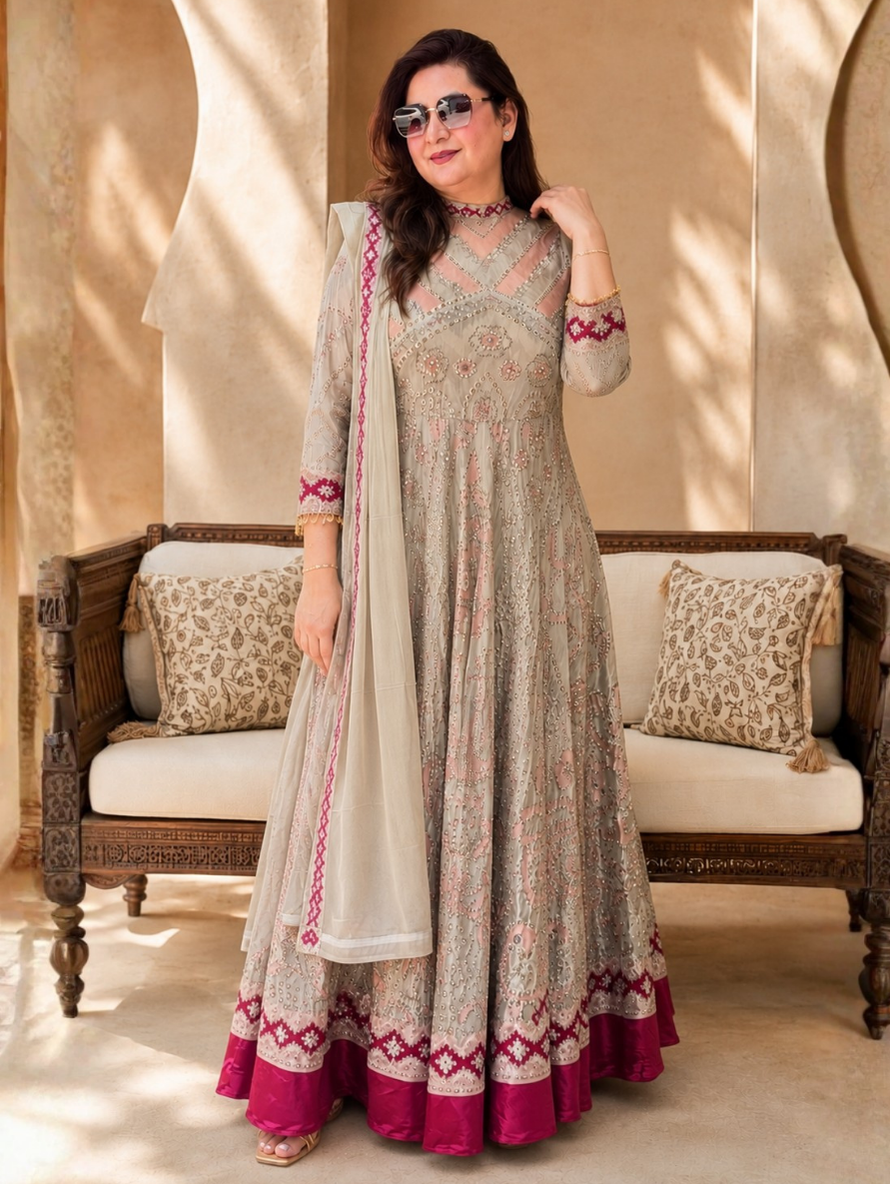 Mahira Rosé Embroidered Anarkali Suit Set with Dupatta (3-Piece Set)