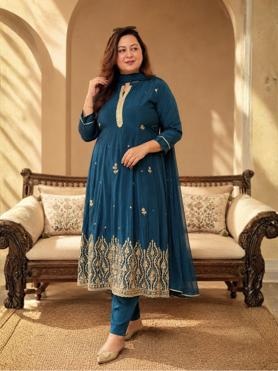 Zarina Teal Embroidered Suit Set with Dupatta (3-Piece Set)