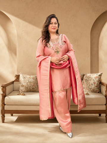 Gulnaar Blush Pink Embroidered Suit Set with Contrast Dupatta
