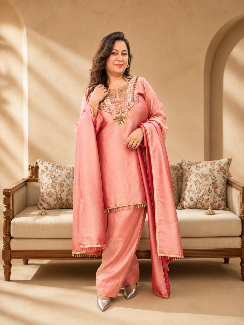 Gulnaar Blush Pink Embroidered Suit Set with Contrast Dupatta