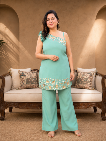 Meher One-Shoulder Floral Embellished Co-Ord Set