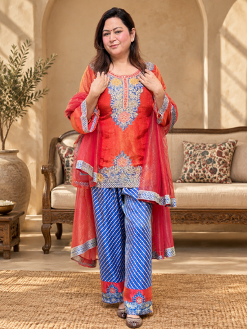 Coral Blue Floral Embroidered Pure Self-Shimmer Suit Set