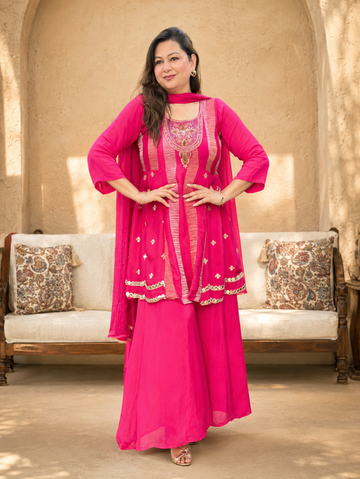 Gulnaar Embroidered Sharara Set | Rani Pink