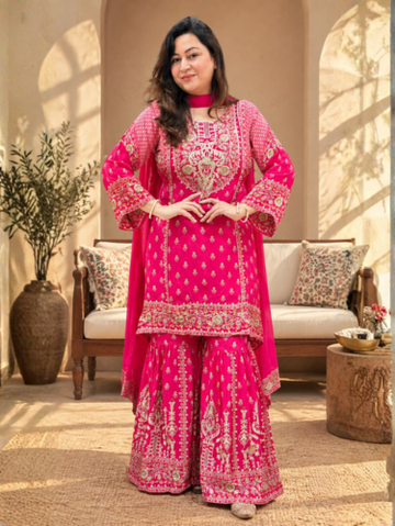 Printed Crepe Embroidered Kurta Palazzo Set with Dupatta