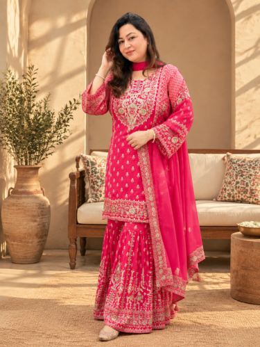 Printed Crepe Embroidered Kurta Palazzo Set with Dupatta