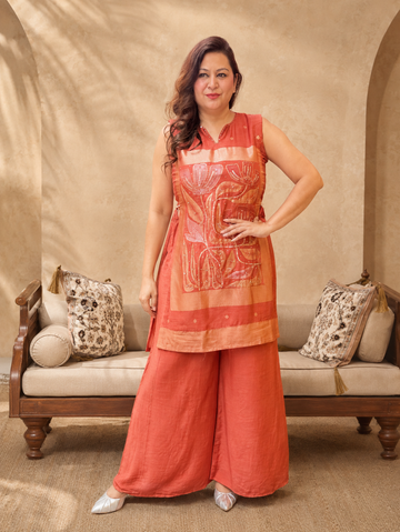 Silk Orange Co-Ord Set for Women | Festive Ethnic Wear | M–2XL