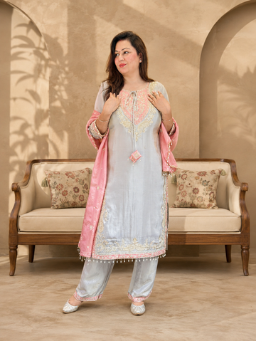 Pure Shimmer Grey & Pink Embroidered Suit Set for Women with Dupatta | Festive Ethnic Wear | M–2XL