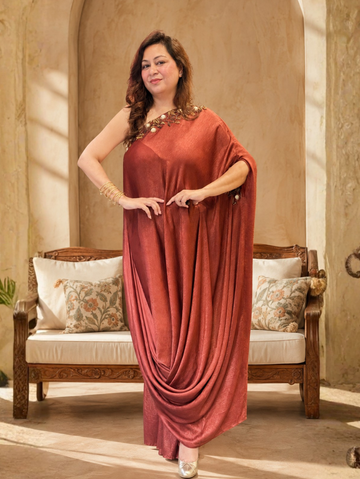 Sand Silk Embellished Draped Saree Gown