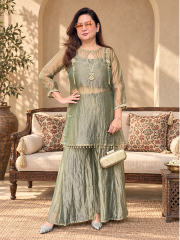 Sage Green Tissue Organza Kurta Palazzo Set