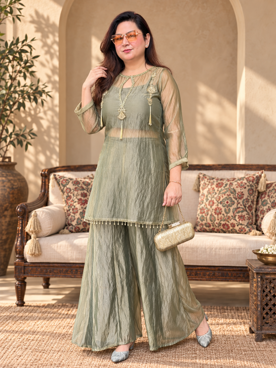 Sage Green Tissue Organza Kurta Palazzo Set