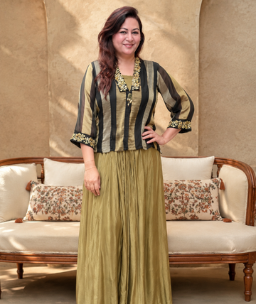 Olive Gold & Black Embroidered Palazzo Set