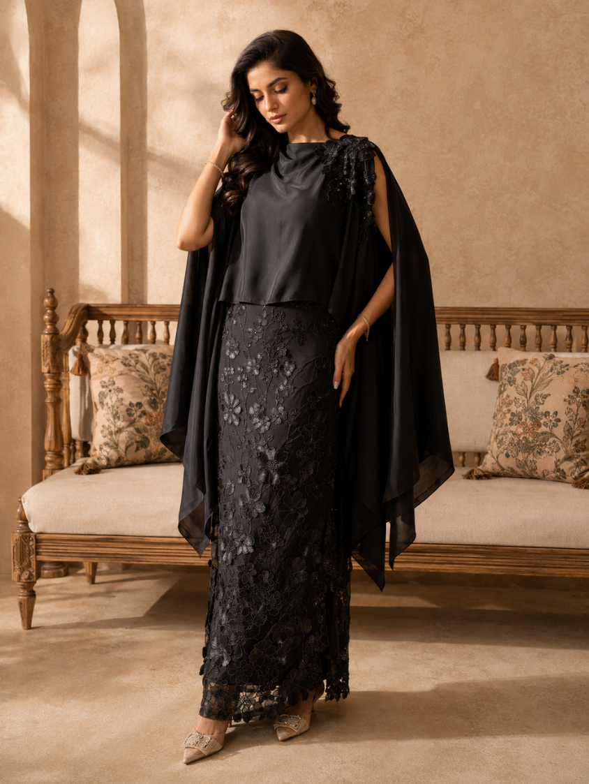 Noir Elegance Embellished Cape & Skirt Set (2-Piece Party Wear)