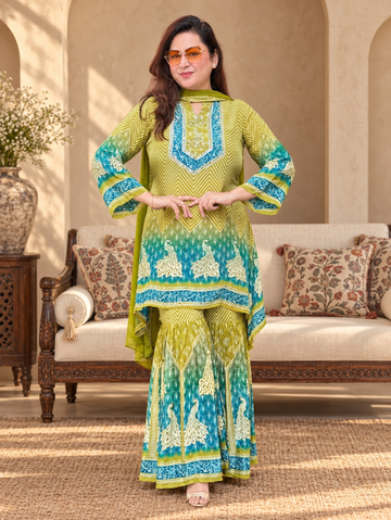 Lime Green & Teal Printed Crepe Kurta Palazzo Set with Dupatta