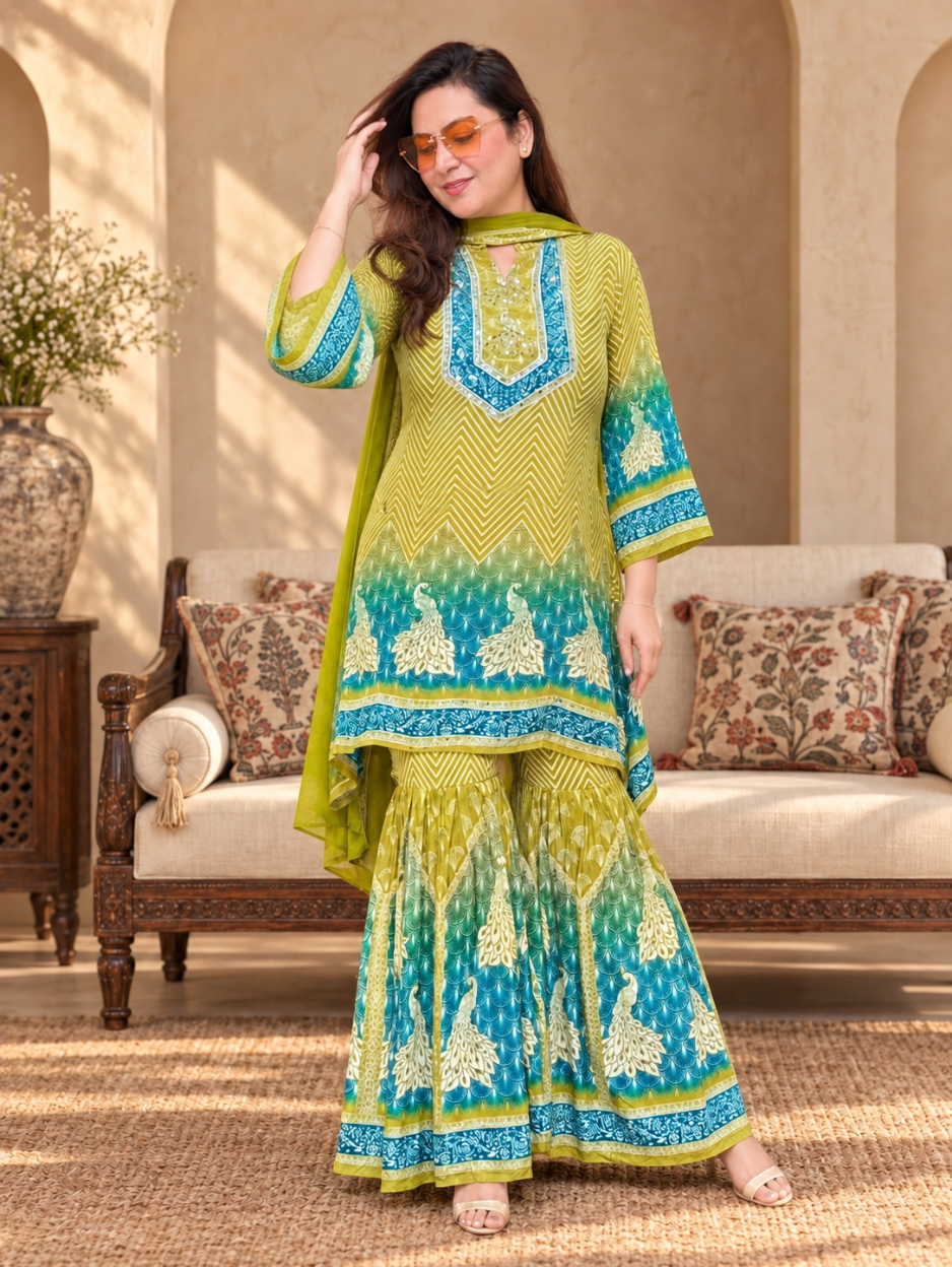 Lime Green & Teal Printed Crepe Kurta Palazzo Set with Dupatta