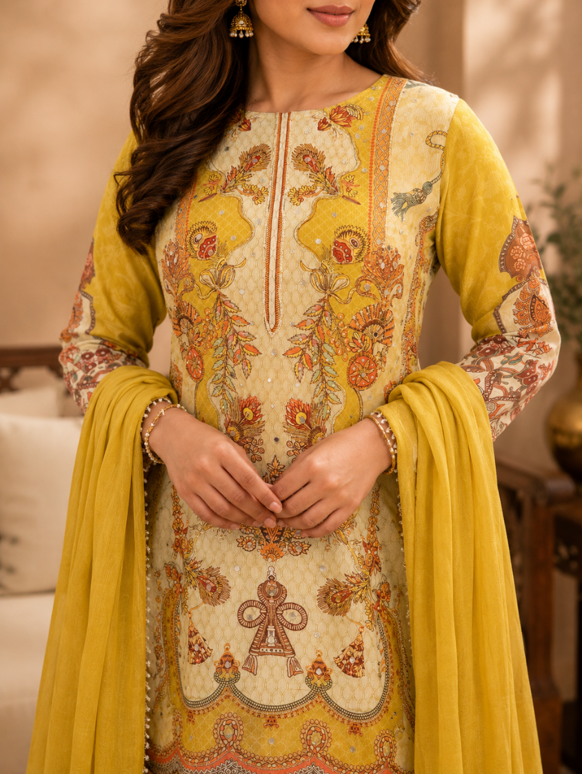Sunheri Yellow Printed Suit Set with Dupatta (3-Piece Set)