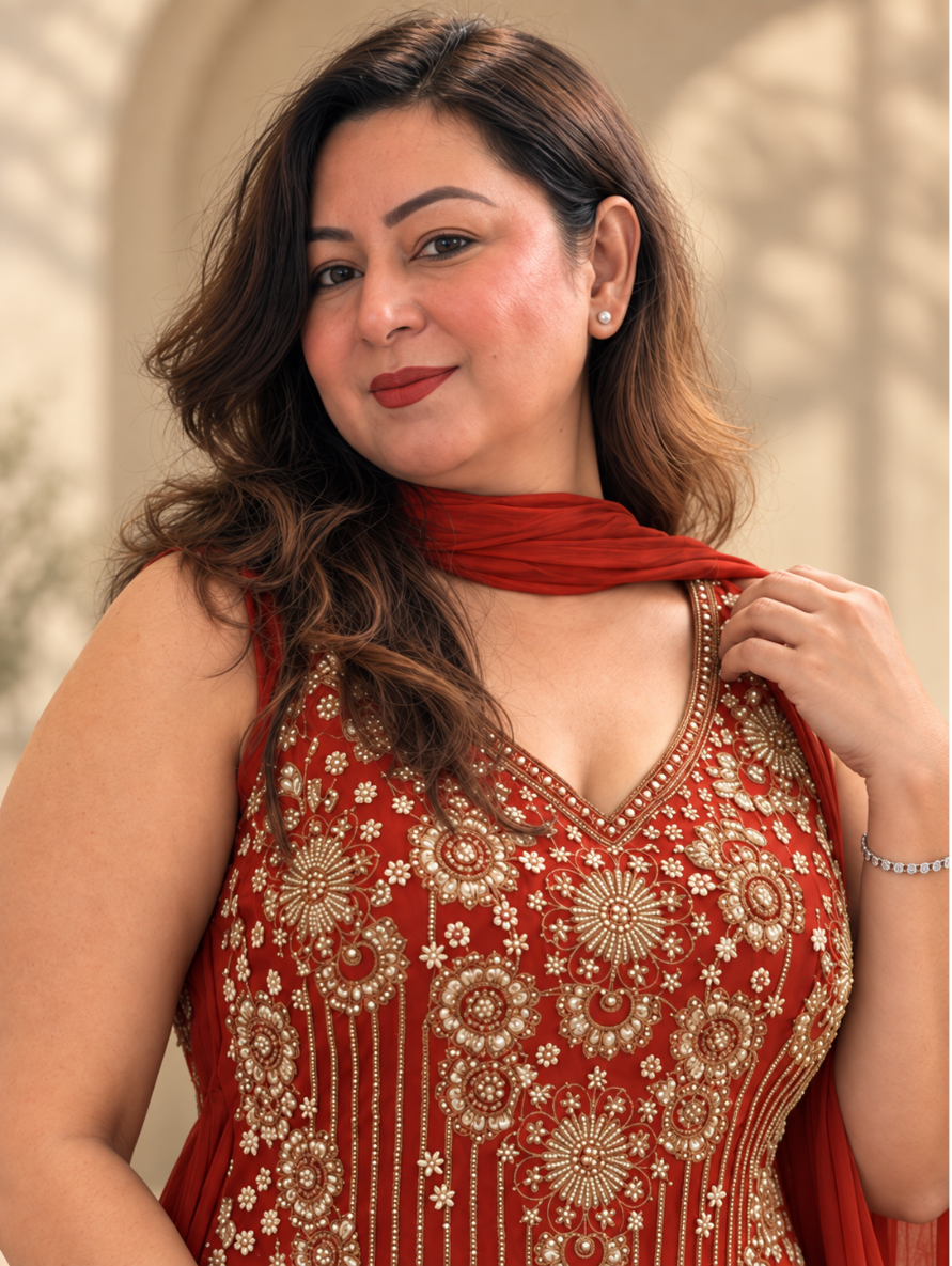 Red Embroidered Chinos Set with Dupatta