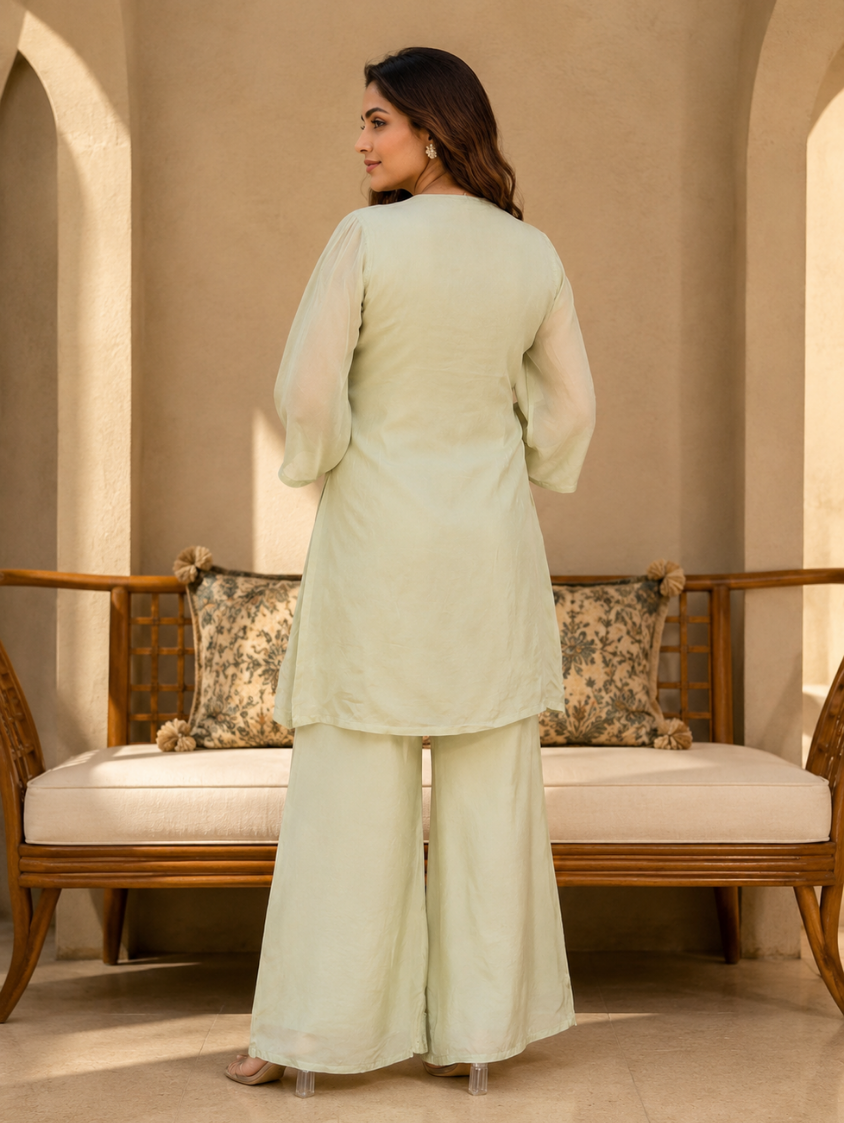 Noor Mint Green Co-Ord Set with Handwork Neckline (2-Piece Set)