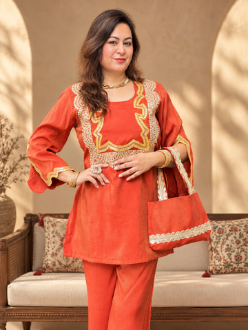 Elegant Shimmer Embroidered Kurta Pant Set with Potli Bag