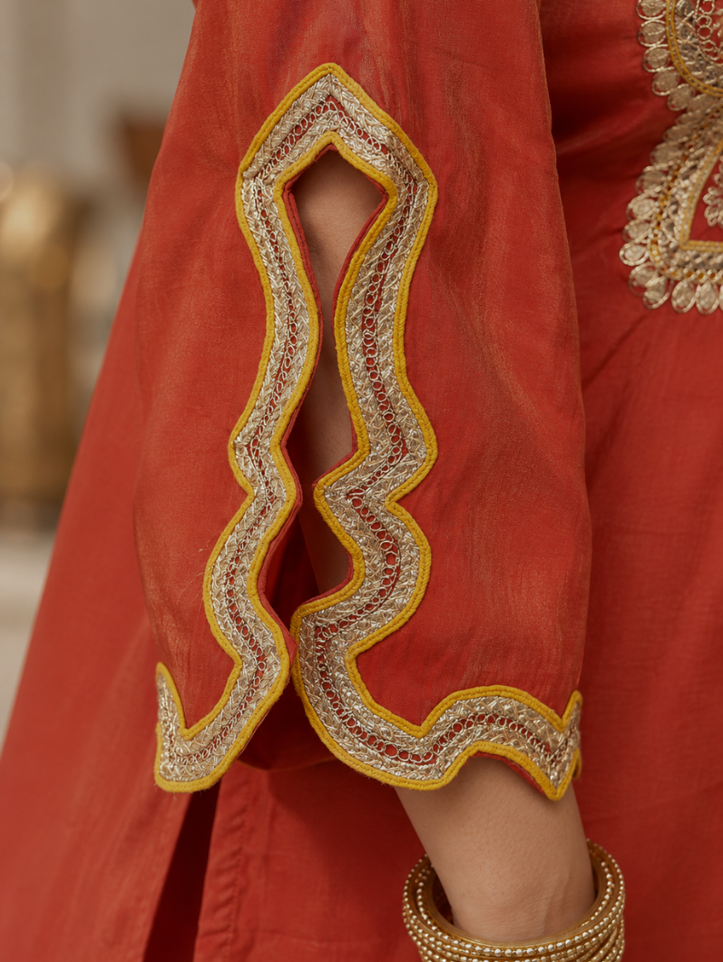 Elegant Shimmer Embroidered Kurta Pant Set with Potli Bag