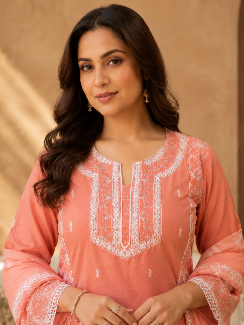 Gulrukh Peach Embroidered Suit Set with Dupatta (3-Piece Set)