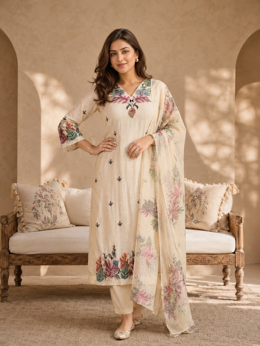 Gulbahar Ivory Floral Printed Suit Set with Dupatta (3-Piece Set)