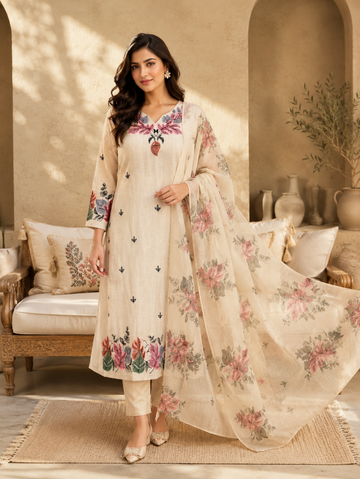 Gulbahar Ivory Floral Printed Suit Set with Dupatta (3-Piece Set)