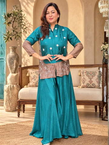 Teal Blue Embroidered Kurta with Flared Palazzo Set