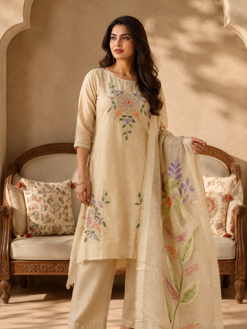 Ivory Bloom Embroidered Suit Set with Dupatta