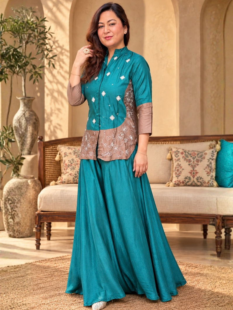 Teal Blue Embroidered Kurta with Flared Palazzo Set